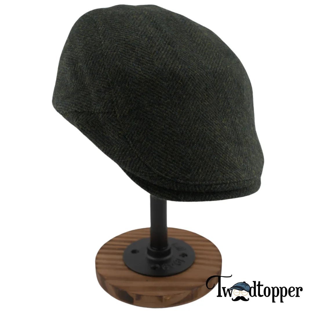 Green Herringbone 100% Wool Tweed Golfing Scally Flat Cap