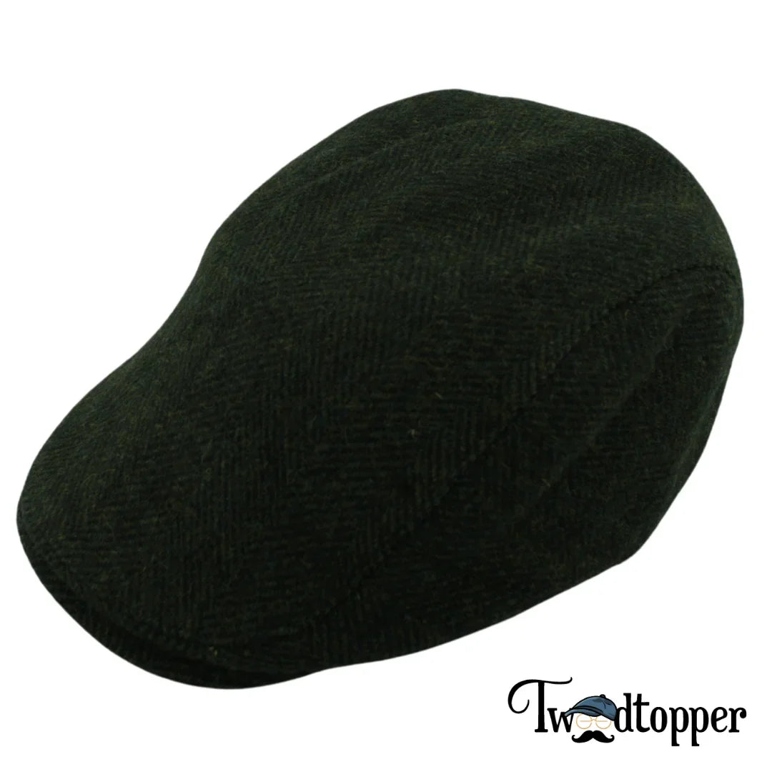 Green Herringbone 100% Wool Tweed Golfing Scally Flat Cap