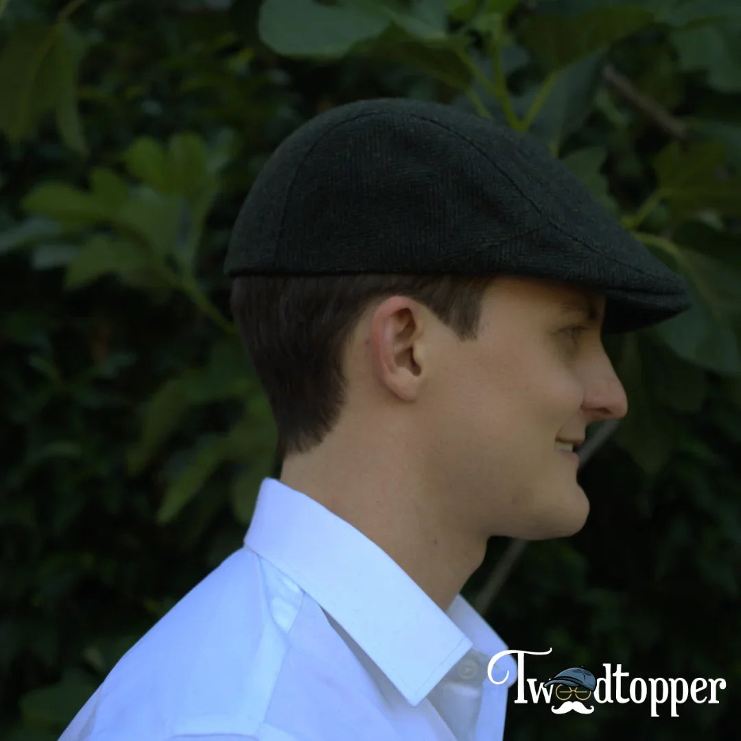 Green Herringbone 100% Wool Tweed Golfing Scally Flat Cap