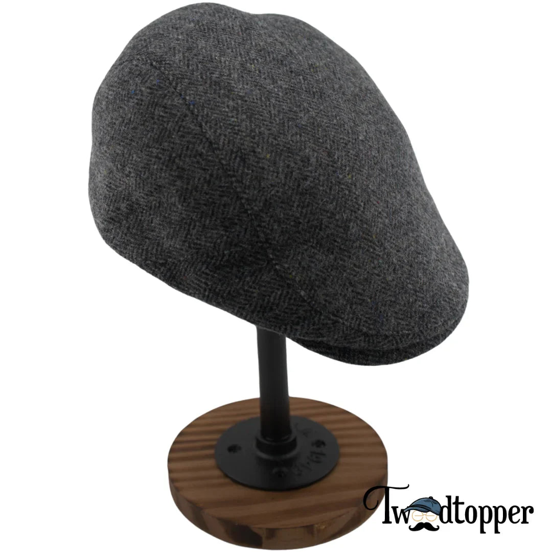 Grey Blue Herringbone 100% Wool Tweed Golfing Scally Flat Cap