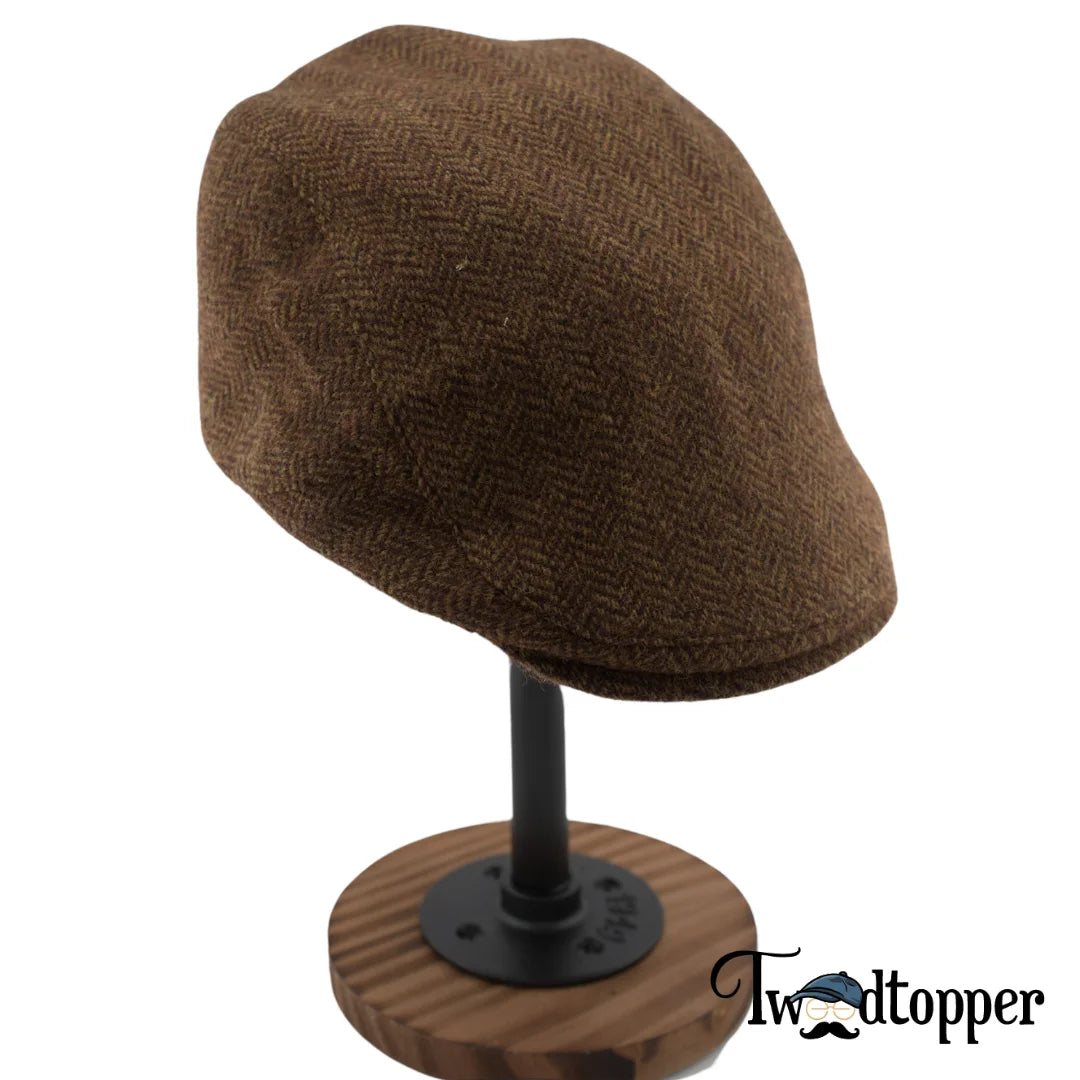 PREORDER - Brown Herringbone 100% Wool Tweed Golfing Scally Flat Cap