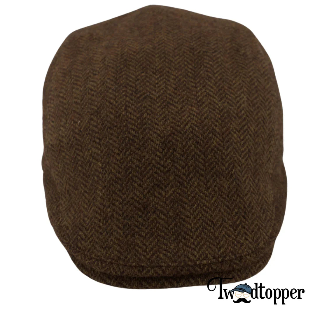 PREORDER - Brown Herringbone 100% Wool Tweed Golfing Scally Flat Cap