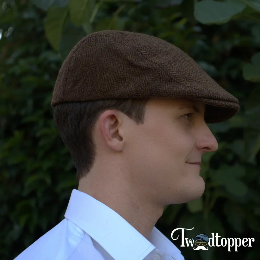 PREORDER - Brown Herringbone 100% Wool Tweed Golfing Scally Flat Cap