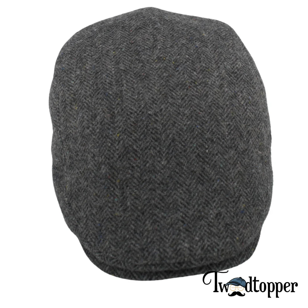 Grey Blue Herringbone 100% Wool Tweed Golfing Scally Flat Cap