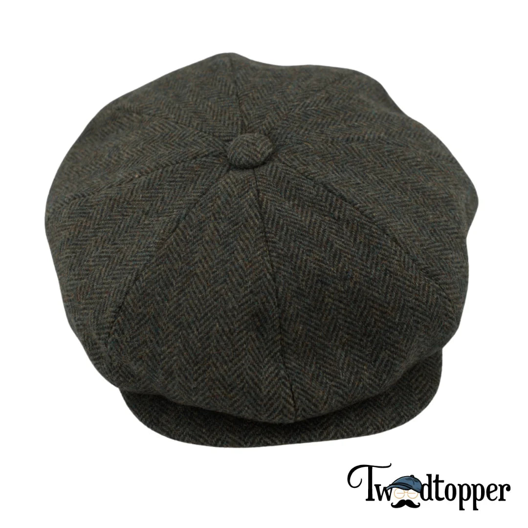 PREORDER - Olive Green Herringbone 100% Wool Newsboy Golfing Flat Cap