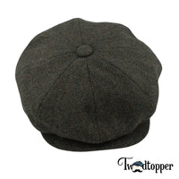 Thumbnail for PREORDER - Olive Green Herringbone 100% Wool Newsboy Golfing Flat Cap