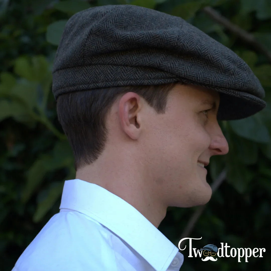 PREORDER - Olive Green Herringbone 100% Wool Newsboy Golfing Flat Cap