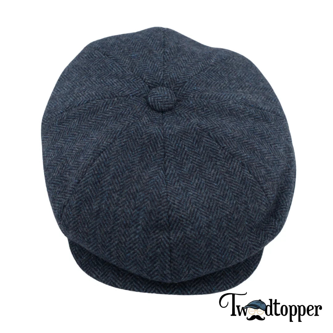 PREORDER - Blue Navy Herringbone 100% Wool Tweed Golfing Newsboy Cap