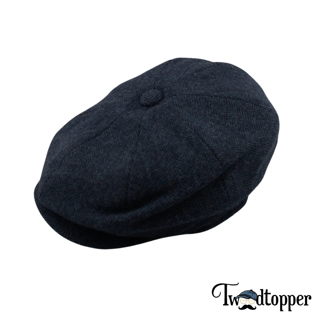 PREORDER - Blue Navy Herringbone 100% Wool Tweed Golfing Newsboy Cap