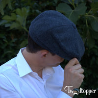 Thumbnail for PREORDER - Blue Navy Herringbone 100% Wool Tweed Golfing Newsboy Cap