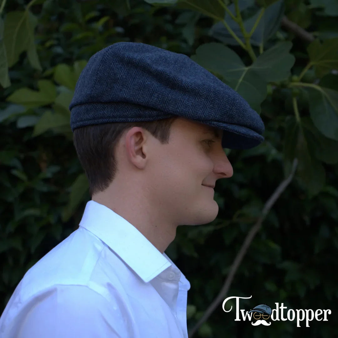 PREORDER - Blue Navy Herringbone 100% Wool Tweed Golfing Newsboy Cap