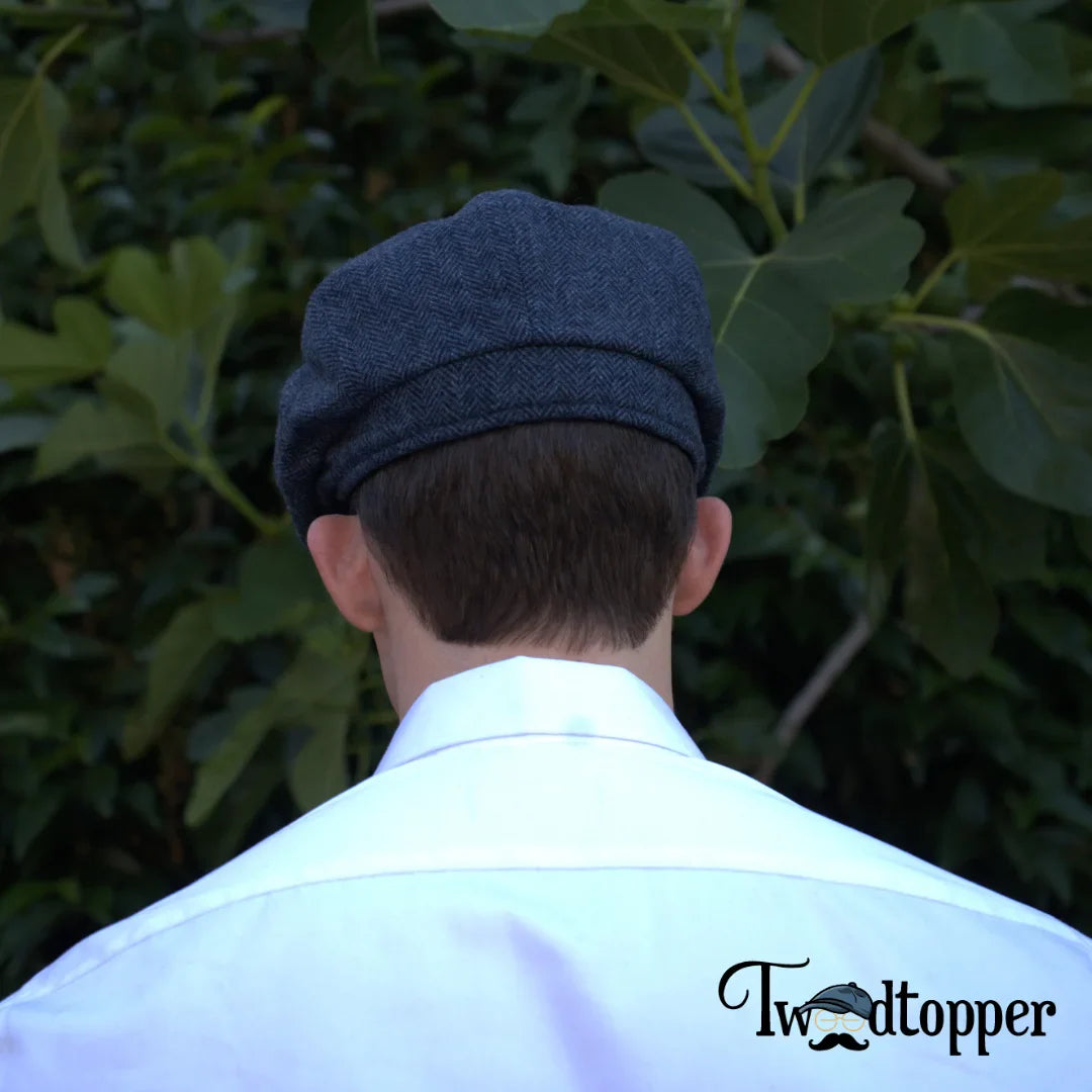 PREORDER - Blue Navy Herringbone 100% Wool Tweed Golfing Newsboy Cap