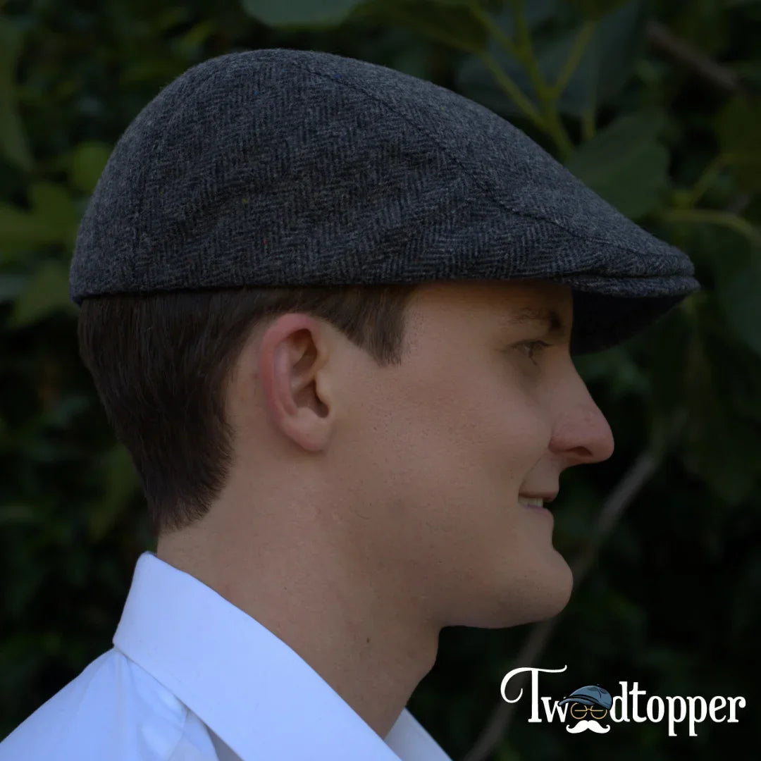 PREORDER - Grey Blue Herringbone 100% Wool Tweed Golfing Scally Flat Cap