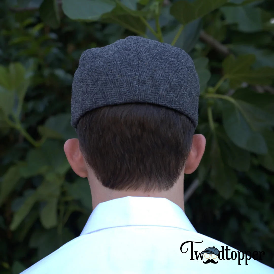 Grey Blue Herringbone 100% Wool Tweed Golfing Scally Flat Cap