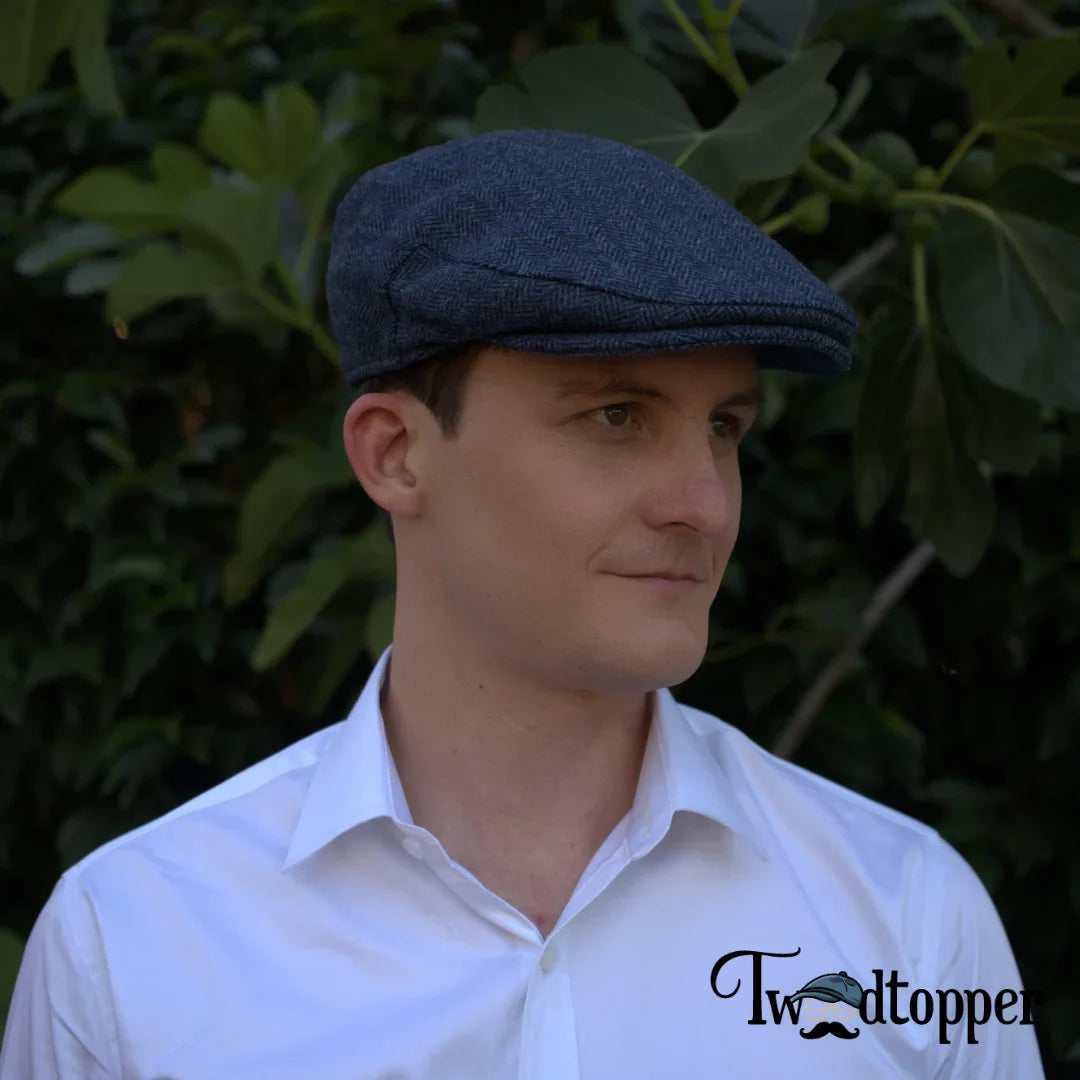 PREORDER - Navy Herringbone 100% Wool Tweed Golfing Ivy Flat Cap