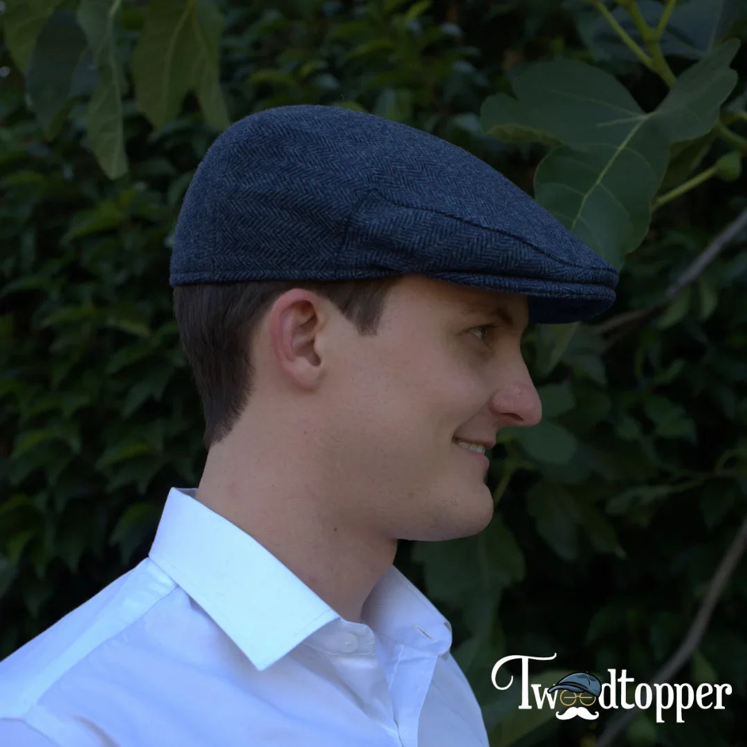 PREORDER - Navy Herringbone 100% Wool Tweed Golfing Ivy Flat Cap