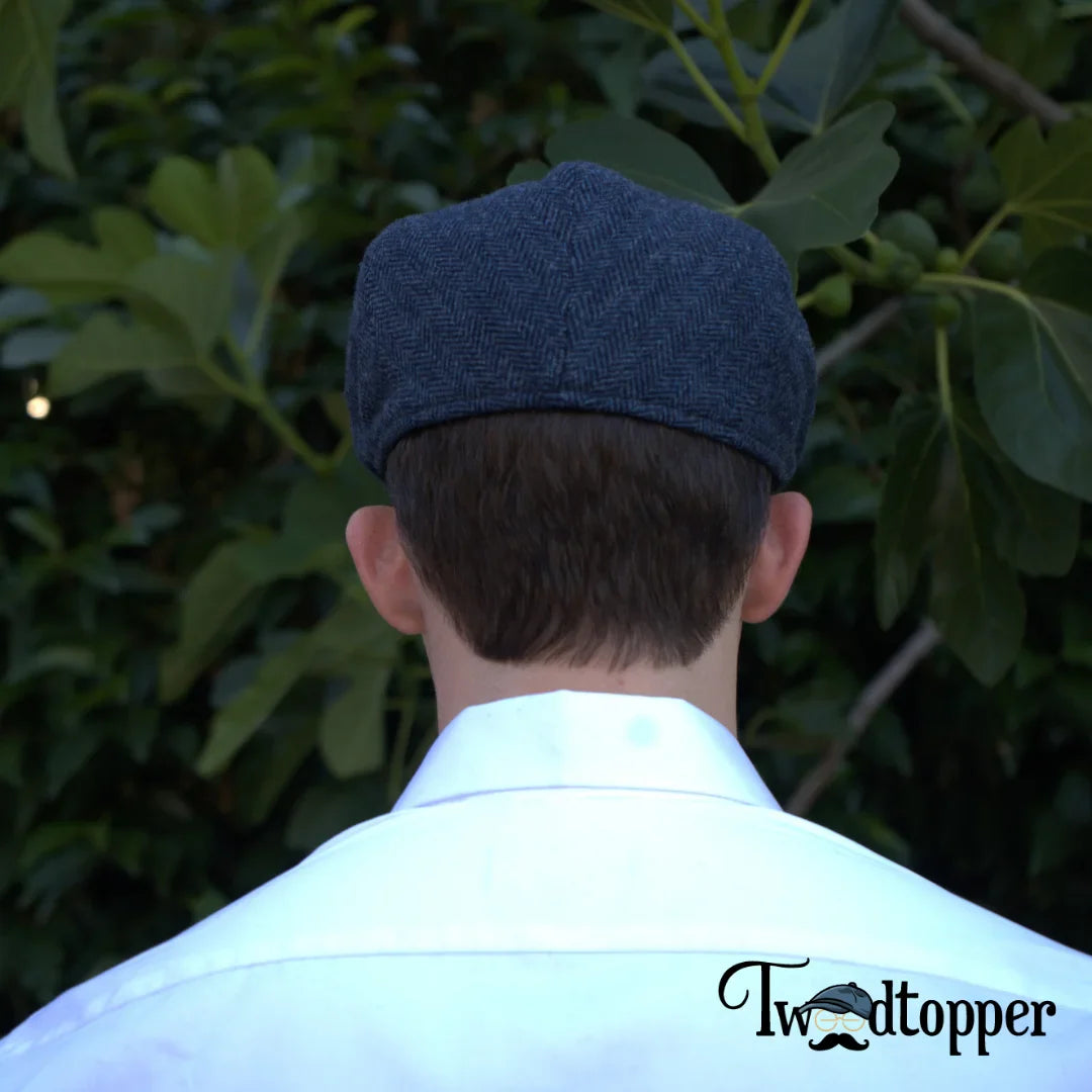 PREORDER - Navy Herringbone 100% Wool Tweed Golfing Ivy Flat Cap