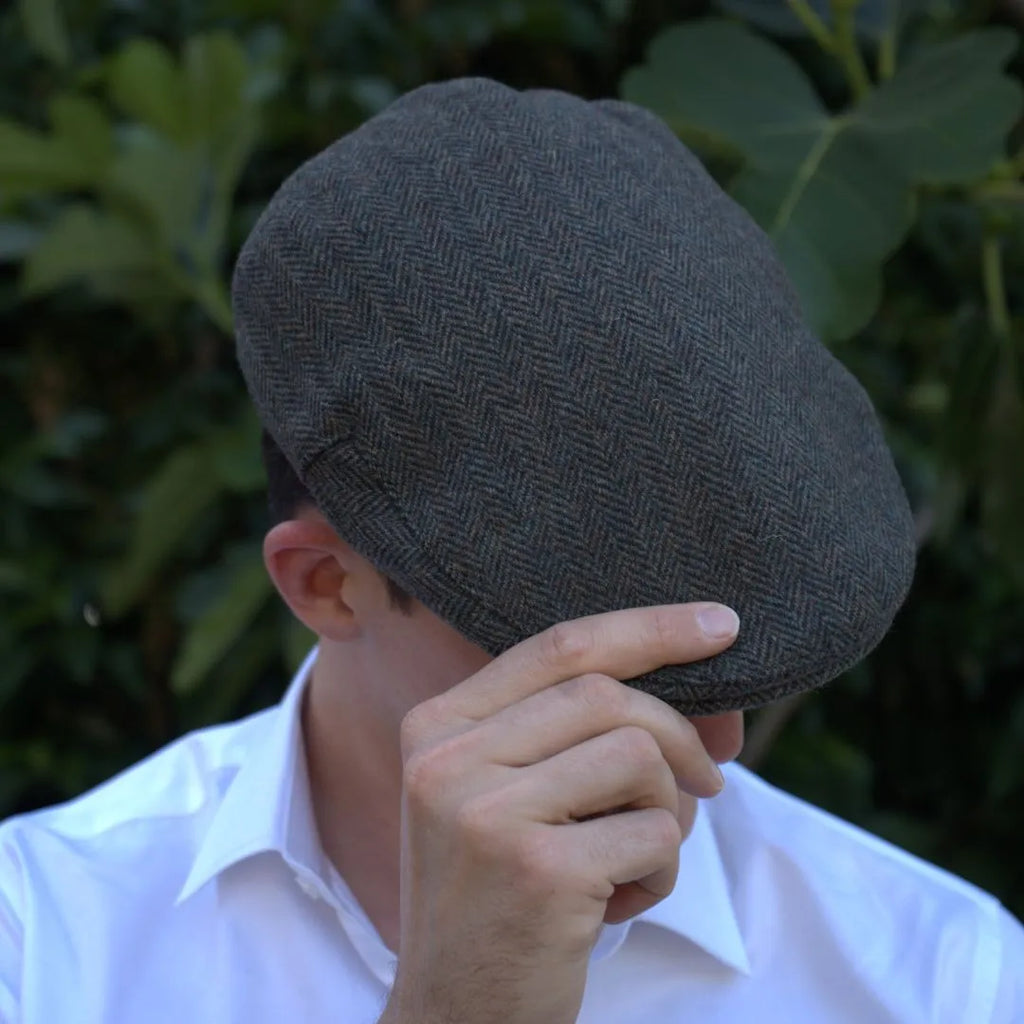 PREORDER - Forest Green Herringbone 100% Wool Tweed Golfing Ivy Flat Cap