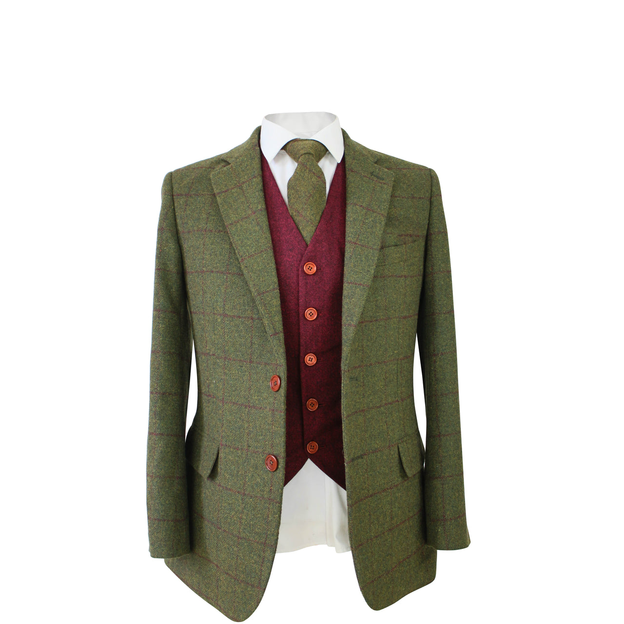 Olive Green Check Tweed Jacket & Waistcoat USA Clearance (Red Waistcoa ...