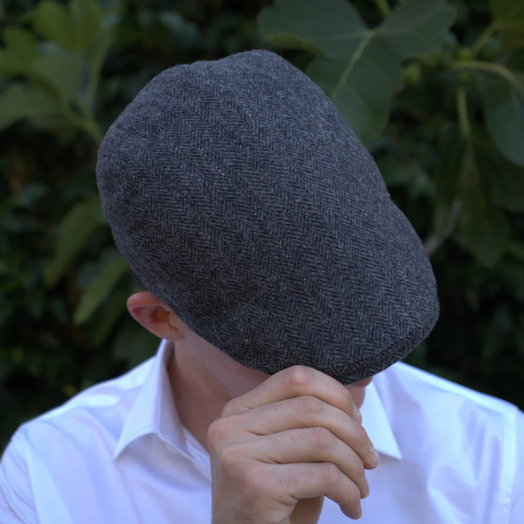 PREORDER - Grey Blue Herringbone 100% Wool Tweed Golfing Scally Flat Cap