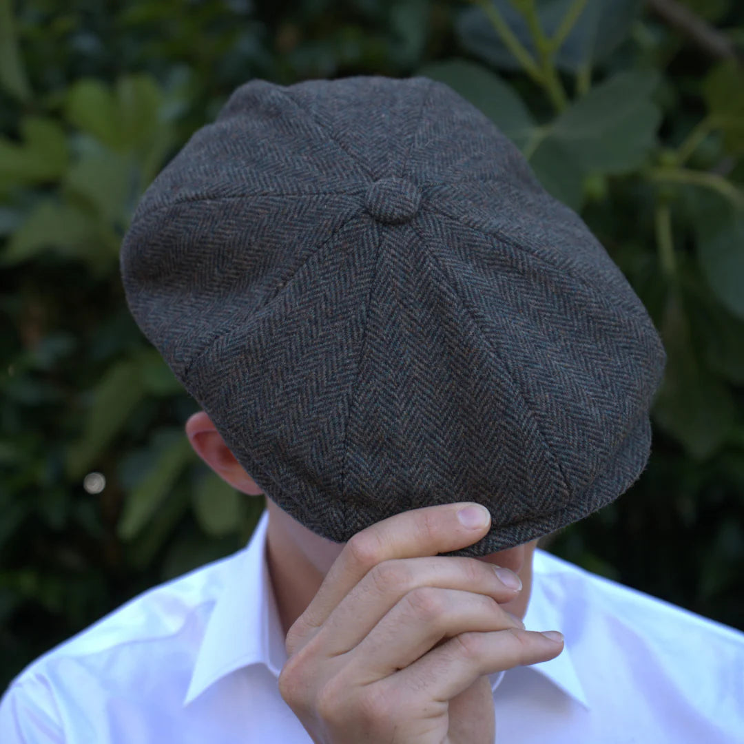 PREORDER - Olive Green Herringbone 100% Wool Newsboy Golfing Flat Cap