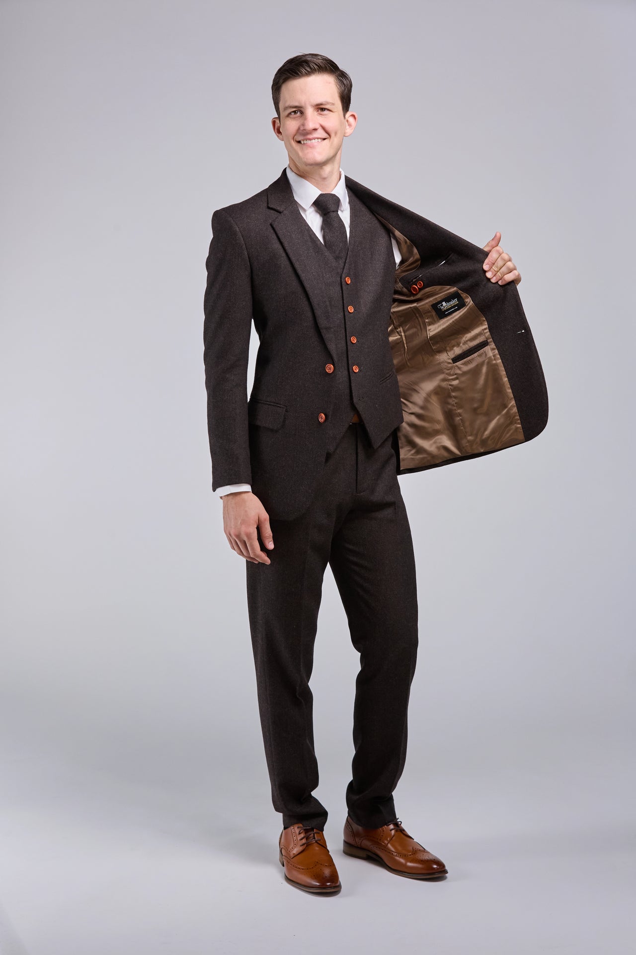 Dark Brown Herringbone Tweed 3 Piece Suit