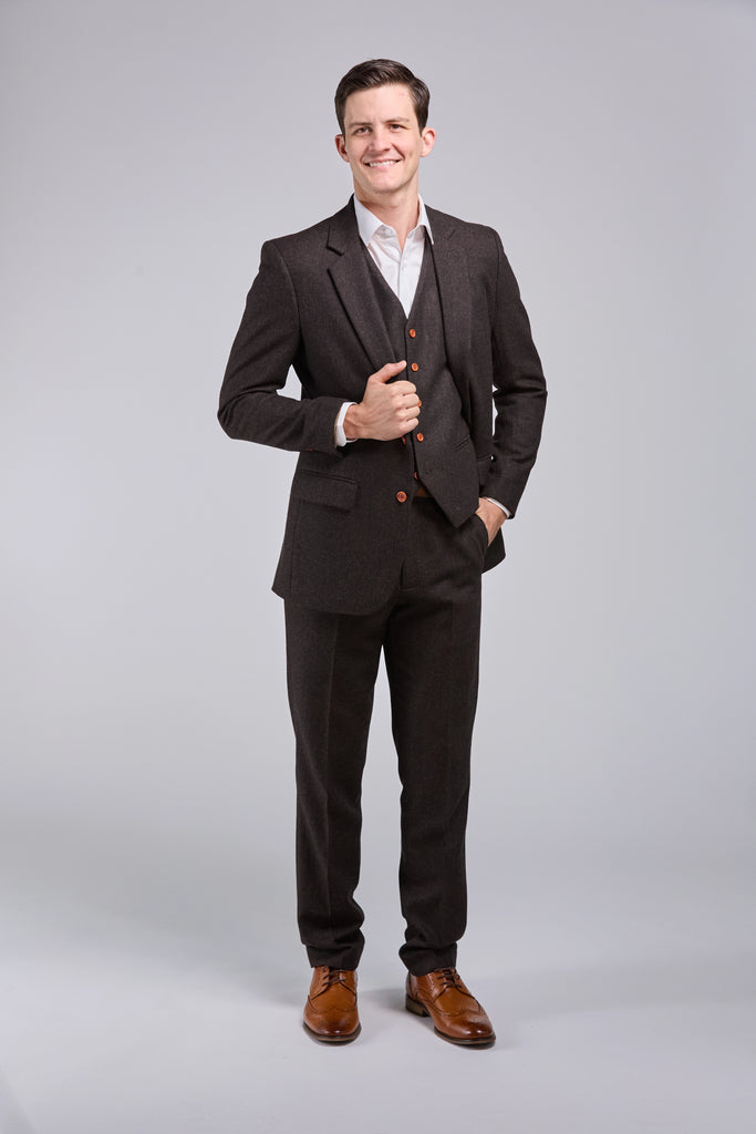 Dark Brown Herringbone Tweed 3 Piece Suit