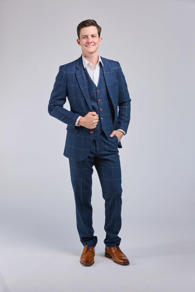 Retro Blue Check Tweed 3 Piece Suit