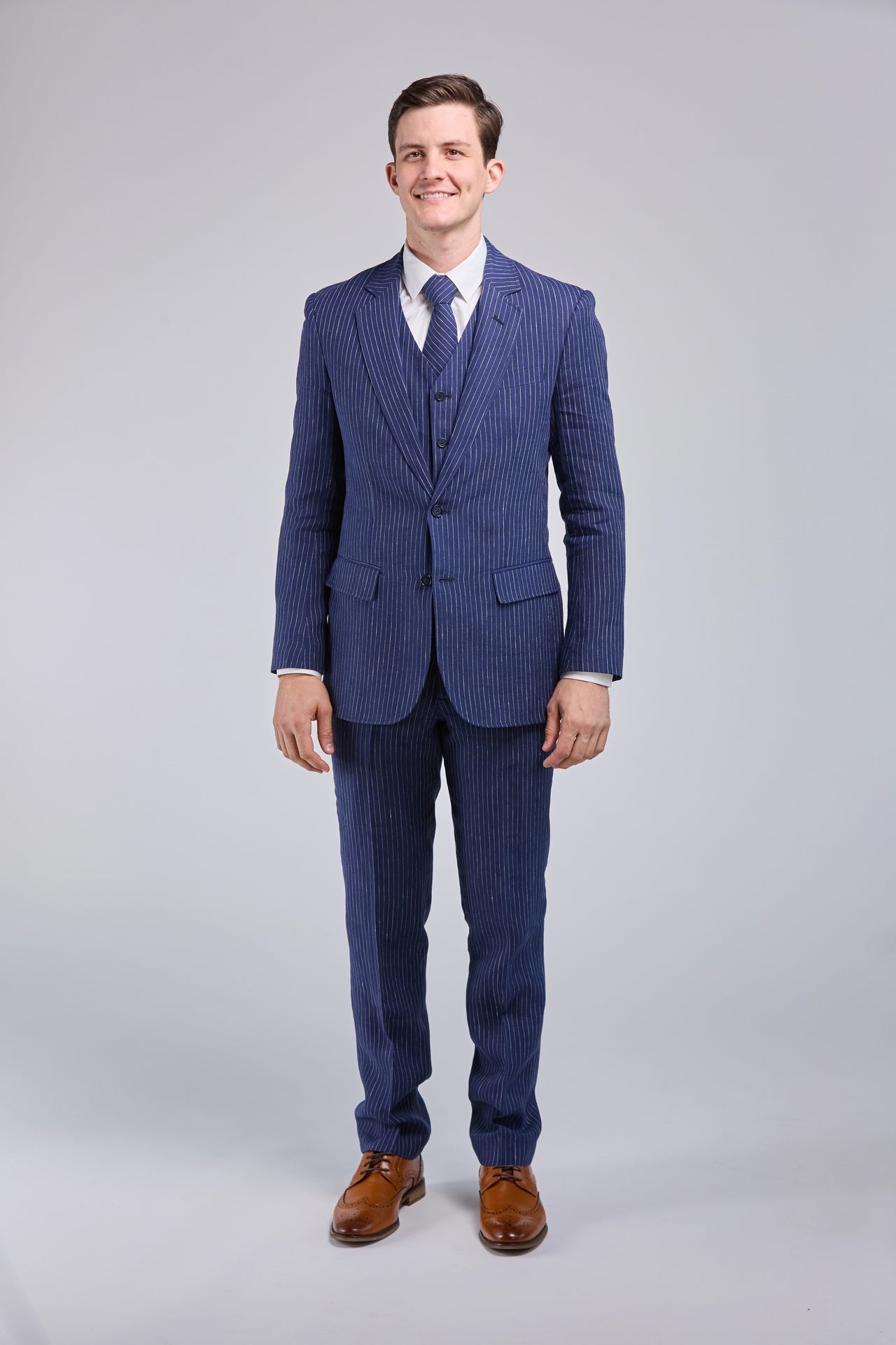 Navy Pinstripe Linen 3 Piece Suit