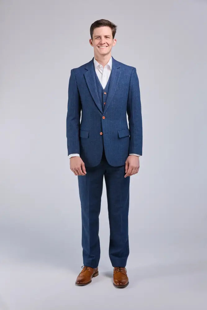 Blue Herringbone Tweed 3 Piece Suit Suits