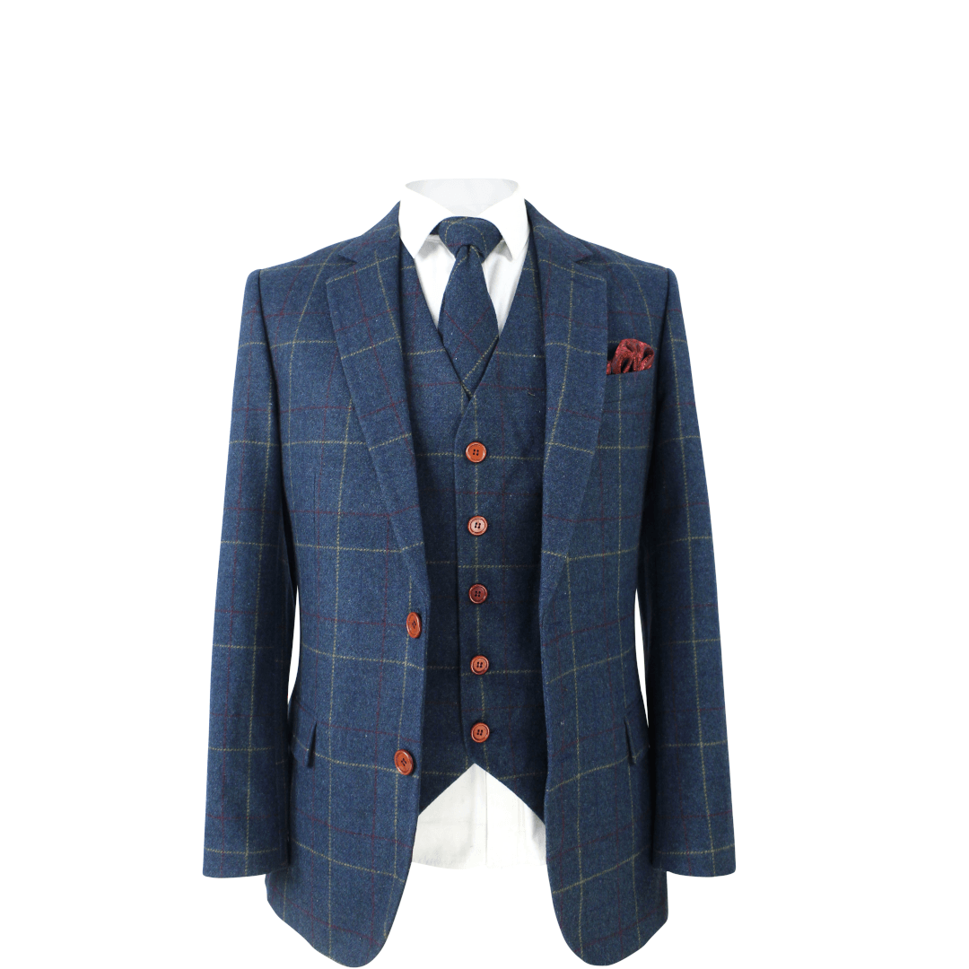 Retro Blue Check Tweed Jacket & Waistcoat USA Clearance